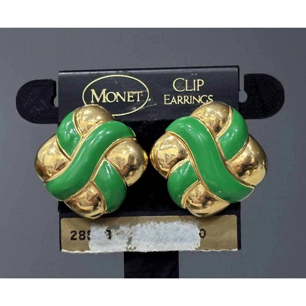 Vintage Monet Earrings Kelly Green Enamel Gold Tone Clip On Ribbon Knot